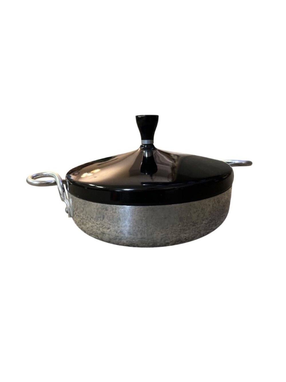 Vintage MCM Aluminum Cookware Dish Black Lid Starburst Used Handles Small - Picture 4 of 14
